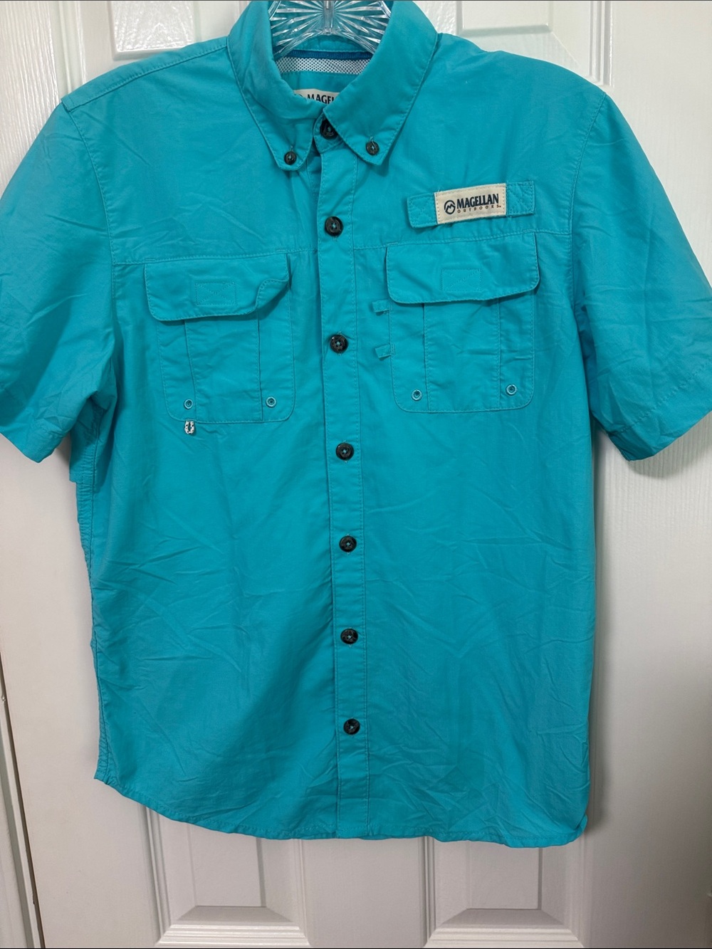 Magellan Outdoors Boys Short-Sleeve Button-Up Shirt in Teal Blue